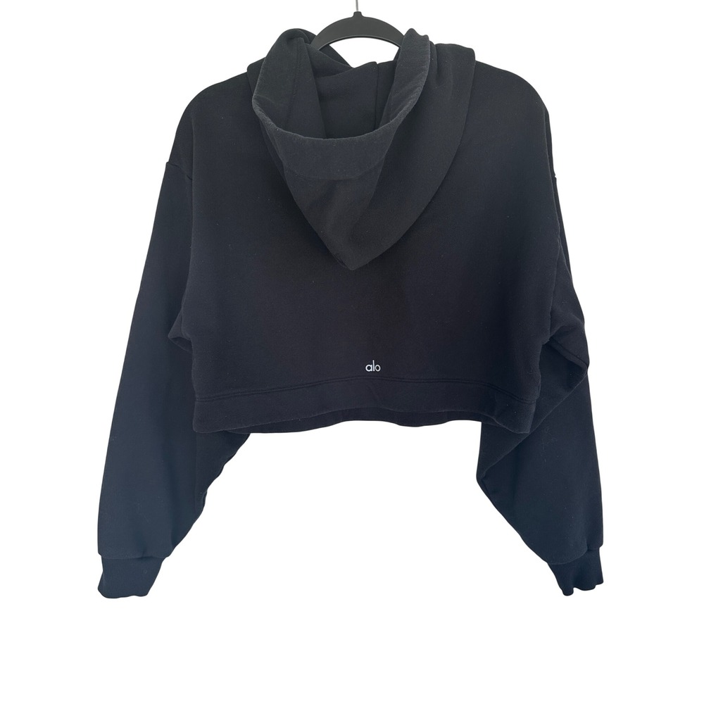 Alo Yoga Bae Black Cropped Hoodie Relaxed Fit Fleece Sweatshirt Logo Women Small